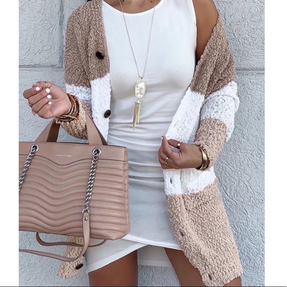 Colorblock  Open Front Buttoned Fluffy Cardigan